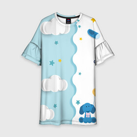 Детское платье 3D с принтом Слоник с Шариком в Петрозаводске, 100% полиэстер | прямой силуэт, чуть расширенный к низу. Круглая горловина, на рукавах — воланы | детская | детям | для детей | картинки | малышам | малышу | облако | пижама | пижамка | слон | слоник | шарик