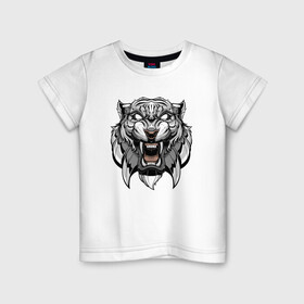 Детская футболка хлопок с принтом Серый Тигр в Петрозаводске, 100% хлопок | круглый вырез горловины, полуприлегающий силуэт, длина до линии бедер | 2022 | animal | cat | lion | tiger | год тигра | животные | зубы | кот | кошка | лев | охотник | полосатый | природа | тигр | тигренок | тигрица | хищник