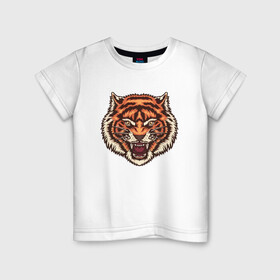 Детская футболка хлопок с принтом Tiger Meow в Петрозаводске, 100% хлопок | круглый вырез горловины, полуприлегающий силуэт, длина до линии бедер | 2022 | animal | cat | lion | tiger | год тигра | животные | зубы | кот | кошка | лев | охотник | полосатый | природа | тигр | тигренок | тигрица | хищник