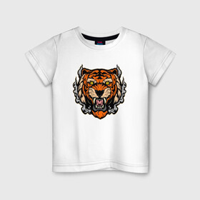 Детская футболка хлопок с принтом Smoke Tiger в Петрозаводске, 100% хлопок | круглый вырез горловины, полуприлегающий силуэт, длина до линии бедер | 2022 | animal | cat | lion | tiger | год тигра | животные | зубы | кот | кошка | лев | охотник | полосатый | природа | тигр | тигренок | тигрица | хищник