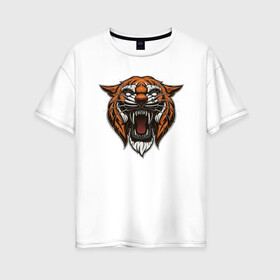 Женская футболка хлопок Oversize с принтом Рычащий Тигр в Петрозаводске, 100% хлопок | свободный крой, круглый ворот, спущенный рукав, длина до линии бедер
 | 2022 | animal | cat | lion | tiger | год тигра | животные | зубы | кот | кошка | лев | охотник | полосатый | природа | тигр | тигренок | тигрица | хищник