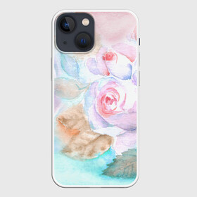 Чехол для iPhone 13 mini с принтом Нежная акварель с розами в Петрозаводске,  |  | акварель | акварельный | женственный | листья | нежная | нежный | пастель | пастельный | роза | розы | цветочный | цветы