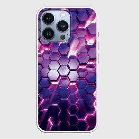 Чехол для iPhone 13 Pro с принтом АБСТРАКЦИЯ | СОТЫ в Петрозаводске,  |  | 3d плиты | abstraction | glow | honeycomb | neon steel | rift | абстракция | неоновые плиты | разлом | свечение | соты