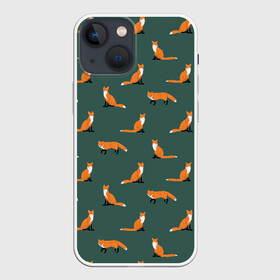 Чехол для iPhone 13 mini с принтом Лисы паттерн в Петрозаводске,  |  | животные | звери | зеленый цвет | лесные животные | лиса | лисы | оранжевый | паттерн | рыжий