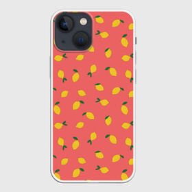Чехол для iPhone 13 mini с принтом Лимоны на кораловом в Петрозаводске,  |  | еда | кораловый цвет | лимонный | лимоны | минималистичный | оранжевый | паттерн | упорядоченный паттерн | цитрусовые
