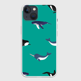 Чехол для iPhone 13 с принтом Нарвал, киты, касатка паттерн в Петрозаводске,  |  | Тематика изображения на принте: изумрудно зеленый цвет | касатки | киты | морская фауна | морские животные | морские жители | нарвал | океан | паттерн