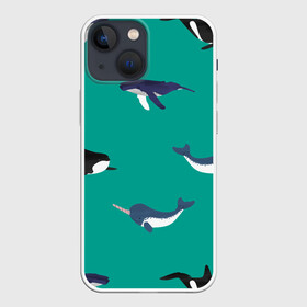 Чехол для iPhone 13 mini с принтом Нарвал, киты, касатка паттерн в Петрозаводске,  |  | Тематика изображения на принте: изумрудно зеленый цвет | касатки | киты | морская фауна | морские животные | морские жители | нарвал | океан | паттерн