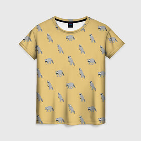 Женская футболка 3D с принтом Еноты паттерн в Петрозаводске, 100% полиэфир ( синтетическое хлопкоподобное полотно) | прямой крой, круглый вырез горловины, длина до линии бедер | pattern | raccoons | еноты | забавные животные | звери | кремовый | охра | охристый | паттерн | песочный цвет | светло желтый