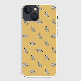 Чехол для iPhone 13 mini с принтом Еноты паттерн в Петрозаводске,  |  | pattern | raccoons | еноты | забавные животные | звери | кремовый | охра | охристый | паттерн | песочный цвет | светло желтый