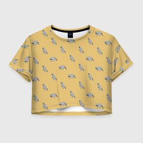 Женская футболка Crop-top 3D с принтом Еноты паттерн в Петрозаводске, 100% полиэстер | круглая горловина, длина футболки до линии талии, рукава с отворотами | pattern | raccoons | еноты | забавные животные | звери | кремовый | охра | охристый | паттерн | песочный цвет | светло желтый
