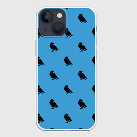 Чехол для iPhone 13 mini с принтом Вороны паттерн в Петрозаводске,  |  | Тематика изображения на принте: вороны | городская птица | паттерн | птицы | силуэт | синий цвет | черный ворон