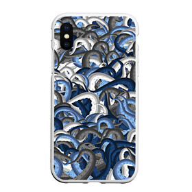 Чехол для iPhone XS Max матовый с принтом Синий камуфляж с щупальцами в Петрозаводске, Силикон | Область печати: задняя сторона чехла, без боковых панелей | камуфляж | ктулху | милитари | море | морской | осьминог | рыбак | щупальца