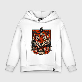 Детское худи Oversize хлопок с принтом Red Tiger в Петрозаводске, френч-терри — 70% хлопок, 30% полиэстер. Мягкий теплый начес внутри —100% хлопок | боковые карманы, эластичные манжеты и нижняя кромка, капюшон на магнитной кнопке | Тематика изображения на принте: 2022 | animal | cat | lion | tiger | год тигра | животные | зверь | зубы | кот | кошка | лев | охотник | полосатый | природа | тигр | тигренок | тигрица | хищник