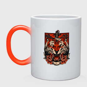 Кружка хамелеон с принтом Red Tiger в Петрозаводске, керамика | меняет цвет при нагревании, емкость 330 мл | 2022 | animal | cat | lion | tiger | год тигра | животные | зверь | зубы | кот | кошка | лев | охотник | полосатый | природа | тигр | тигренок | тигрица | хищник