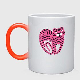 Кружка хамелеон с принтом Pink Tiger в Петрозаводске, керамика | меняет цвет при нагревании, емкость 330 мл | Тематика изображения на принте: 2022 | animal | cat | lion | tiger | год тигра | животные | зверь | зубы | кот | кошка | лев | охотник | полосатый | природа | тигр | тигренок | тигрица | хищник
