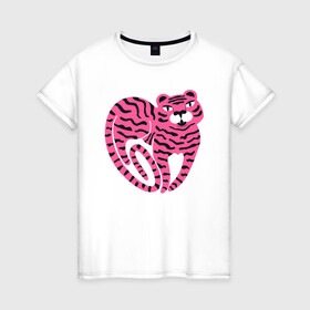 Женская футболка хлопок с принтом Pink Tiger в Петрозаводске, 100% хлопок | прямой крой, круглый вырез горловины, длина до линии бедер, слегка спущенное плечо | 2022 | animal | cat | lion | tiger | год тигра | животные | зверь | зубы | кот | кошка | лев | охотник | полосатый | природа | тигр | тигренок | тигрица | хищник