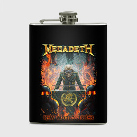 Фляга с принтом Megadeth в Петрозаводске, металлический корпус | емкость 0,22 л, размер 125 х 94 мм. Виниловая наклейка запечатывается полностью | Тематика изображения на принте: megadeth | metal | trash metal | группы | метал | музыка | рок | треш метал