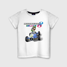 Детская футболка хлопок с принтом Луиджи крутой гонщик в Петрозаводске, 100% хлопок | круглый вырез горловины, полуприлегающий силуэт, длина до линии бедер | car | luigi | nintendo | racer | racing | video game | автомобиль | видеоигра | гонка | гонщик | луиджи