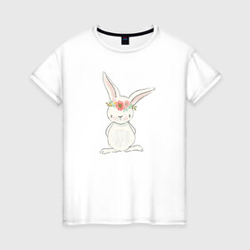 Женская футболка хлопок с принтом милый кролик в Петрозаводске, 100% хлопок | прямой крой, круглый вырез горловины, длина до линии бедер, слегка спущенное плечо | заяц | кролик. венок | лапы | мода | мультик | персонаж | уши | хвост