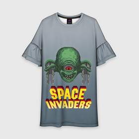 Детское платье 3D с принтом Space Invaders | Old game (Z) в Петрозаводске, 100% полиэстер | прямой силуэт, чуть расширенный к низу. Круглая горловина, на рукавах — воланы | dendy | invaders | nintendo | shootem up | space invaders | денди | захватчики | космические захватчики | су имбэ | чужаки