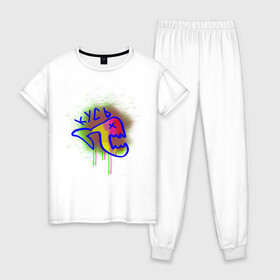 Женская пижама хлопок с принтом граффити рыба в Петрозаводске, 100% хлопок | брюки и футболка прямого кроя, без карманов, на брюках мягкая резинка на поясе и по низу штанин | арт | баллон | граффити | кусь | рыба