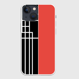 Чехол для iPhone 13 mini с принтом Черный и коралловый арт деко в Петрозаводске,  |  | абстрактный | арт | арт деко | белые полосы | геометрический | модный | молодежный | полосы | современный | черный и коралловый