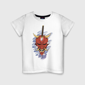 Детская футболка хлопок с принтом Маска в Петрозаводске, 100% хлопок | круглый вырез горловины, полуприлегающий силуэт, длина до линии бедер | демон | катана | маска | сакура | хання | япония | японская маска | японский демон