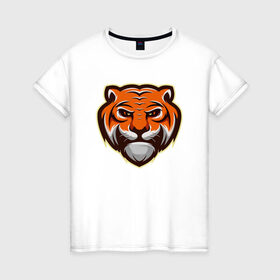 Женская футболка хлопок с принтом Мудрый Тигр в Петрозаводске, 100% хлопок | прямой крой, круглый вырез горловины, длина до линии бедер, слегка спущенное плечо | 2022 | animal | cat | lion | tiger | год тигра | животные | зверь | зубы | кот | кошка | лев | охотник | полосатый | природа | тигр | тигренок | тигрица | хищник