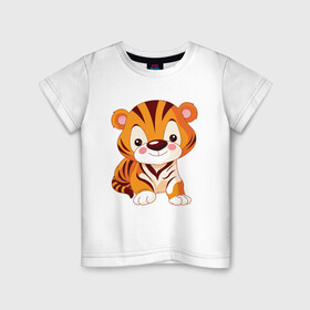 Детская футболка хлопок с принтом Little Tiger в Петрозаводске, 100% хлопок | круглый вырез горловины, полуприлегающий силуэт, длина до линии бедер | Тематика изображения на принте: 2022 | animal | cat | lion | tiger | год тигра | животные | зверь | зубы | кот | кошка | лев | охотник | полосатый | природа | тигр | тигренок | тигрица | хищник