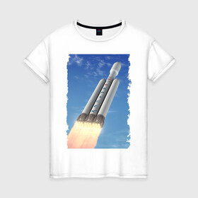 Женская футболка хлопок с принтом Cтарт ракеты Space X в Петрозаводске, 100% хлопок | прямой крой, круглый вырез горловины, длина до линии бедер, слегка спущенное плечо | cloud | cosmos | flight | revolution | sky | space x | космос | небо | облака | революция
