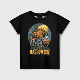 Детская футболка 3D с принтом HALLOWEEN в Петрозаводске, 100% гипоаллергенный полиэфир | прямой крой, круглый вырез горловины, длина до линии бедер, чуть спущенное плечо, ткань немного тянется | halloween | holiday | pumpkin | samayn | vampire | zombie | вампир | ведьма | вечеринка | день всех святых | зомби | карнавал | маскарад | мертвец | оборотень | привидение | самайн | светильник джека | страшный джек | труп