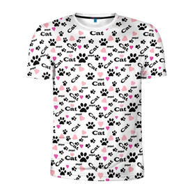 Мужская футболка 3D спортивная с принтом Следы кошачьих лап  в Петрозаводске, 100% полиэстер с улучшенными характеристиками | приталенный силуэт, круглая горловина, широкие плечи, сужается к линии бедра | Тематика изображения на принте: веселый | детский | для девочек | кошачьи следы | кошки | модный | розовый | следы | черный