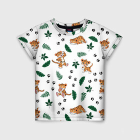 Детская футболка 3D с принтом Милый тигр в Петрозаводске, 100% гипоаллергенный полиэфир | прямой крой, круглый вырез горловины, длина до линии бедер, чуть спущенное плечо, ткань немного тянется | 2022 | год тигра | листья | милый тигр | новый год | паттерн | принт | саванна | следы | тигренок | фон | хищник