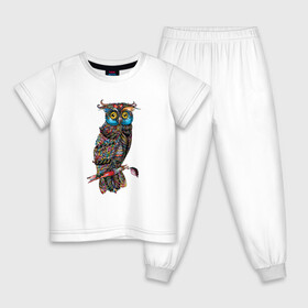 Детская пижама хлопок с принтом Сова на ветке в Петрозаводске, 100% хлопок |  брюки и футболка прямого кроя, без карманов, на брюках мягкая резинка на поясе и по низу штанин
 | Тематика изображения на принте: иллюстрация | лист | на ветке | птица | рисунок | сова