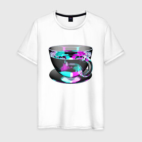 Мужская футболка хлопок с принтом Волшебная чашка в Петрозаводске, 100% хлопок | прямой крой, круглый вырез горловины, длина до линии бедер, слегка спущенное плечо. | color cup | magic cup | magic mug | neon cup | волшебная кружка | волшебная чашка | кофе | магическая кружка | магическая чашка | неоновая кружка | неоновая чашка | стеклянная кружка | стеклянная чашка