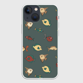 Чехол для iPhone 13 mini с принтом Морские рыбки на зеленом фоне в Петрозаводске,  |  | fish | summer | tdsmr | весна | зеленый | лето | море | праздник | принт | природа | рыбы