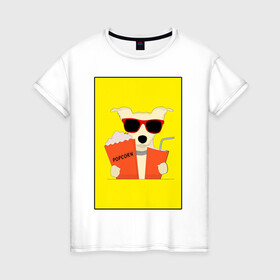 Женская футболка хлопок с принтом Пес кинофил в Петрозаводске, 100% хлопок | прямой крой, круглый вырез горловины, длина до линии бедер, слегка спущенное плечо | кино | киноман | киносеанс | кинотеатр | кинофил | пес | собака