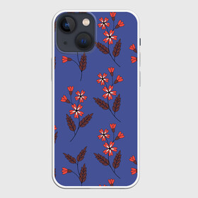 Чехол для iPhone 13 mini с принтом Цветы на синем фоне в Петрозаводске,  |  | 8 марта | flowers | summer | ботаническая иллюстрация | весна | коричневый | красный | лето | листья | любовь | праздник | принт | природа | растения | синий | цветы
