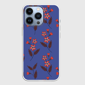 Чехол для iPhone 13 Pro с принтом Цветы на синем фоне в Петрозаводске,  |  | 8 марта | flowers | summer | ботаническая иллюстрация | весна | коричневый | красный | лето | листья | любовь | праздник | принт | природа | растения | синий | цветы
