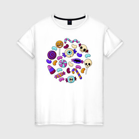 Женская футболка хлопок с принтом Конфетный набор в Петрозаводске, 100% хлопок | прямой крой, круглый вырез горловины, длина до линии бедер, слегка спущенное плечо | иллюстрация | карамель | конфеты | леденец | ужастик