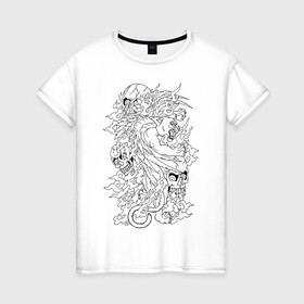 Женская футболка хлопок с принтом Tiger & Skulls tattoo в Петрозаводске, 100% хлопок | прямой крой, круглый вырез горловины, длина до линии бедер, слегка спущенное плечо | graphics | hype | jungle | skull | tattoo | tiger | графика | татуировка | тигр | хайп | череп
