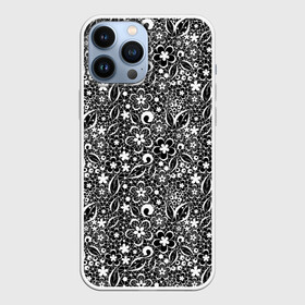 Чехол для iPhone 13 Pro Max с принтом Кружевной черно белый узор в Петрозаводске,  |  | ажурный | ажурный узор | бумажные цветы | детский | женский | завитушки | кружевной узор | цветочное кружево | цветы
