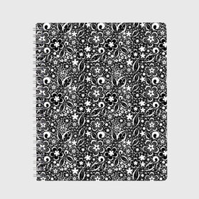 Тетрадь с принтом Кружевной черно белый узор в Петрозаводске, 100% бумага | 48 листов, плотность листов — 60 г/м2, плотность картонной обложки — 250 г/м2. Листы скреплены сбоку удобной пружинной спиралью. Уголки страниц и обложки скругленные. Цвет линий — светло-серый
 | Тематика изображения на принте: ажурный | ажурный узор | бумажные цветы | детский | женский | завитушки | кружевной узор | цветочное кружево | цветы
