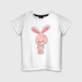 Детская футболка хлопок с принтом розовый зайка в Петрозаводске, 100% хлопок | круглый вырез горловины, полуприлегающий силуэт, длина до линии бедер | заяц | кролик | лапы | мягкий | персонаж | розовый | уши | хвост