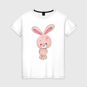 Женская футболка хлопок с принтом розовый зайка в Петрозаводске, 100% хлопок | прямой крой, круглый вырез горловины, длина до линии бедер, слегка спущенное плечо | заяц | кролик | лапы | мягкий | персонаж | розовый | уши | хвост