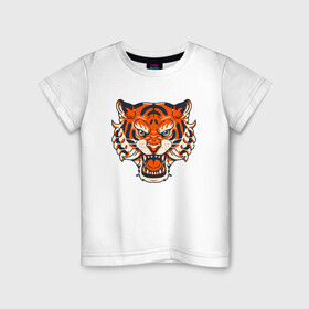Детская футболка хлопок с принтом Super Tiger в Петрозаводске, 100% хлопок | круглый вырез горловины, полуприлегающий силуэт, длина до линии бедер | 2022 | animal | cat | lion | tiger | год тигра | животные | зверь | зубы | кот | кошка | лев | охотник | полосатый | природа | тигр | тигренок | тигрица | хищник