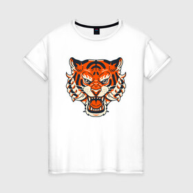 Женская футболка хлопок с принтом Super Tiger в Петрозаводске, 100% хлопок | прямой крой, круглый вырез горловины, длина до линии бедер, слегка спущенное плечо | 2022 | animal | cat | lion | tiger | год тигра | животные | зверь | зубы | кот | кошка | лев | охотник | полосатый | природа | тигр | тигренок | тигрица | хищник