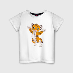 Детская футболка хлопок с принтом Милый тигренок в Петрозаводске, 100% хлопок | круглый вырез горловины, полуприлегающий силуэт, длина до линии бедер | 2022 | animal | cat | lion | tiger | год тигра | животные | зверь | зубы | кот | кошка | лев | охотник | полосатый | природа | тигр | тигренок | тигрица | хищник