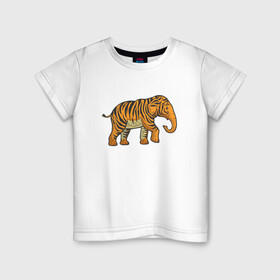 Детская футболка хлопок с принтом Тигровый слон в Петрозаводске, 100% хлопок | круглый вырез горловины, полуприлегающий силуэт, длина до линии бедер | 2022 | animal | cat | elephant | lion | tiger | африка | год тигра | животные | зверь | зубы | кот | кошка | лев | охотник | полосатый | природа | слон | слоненок | тигр | тигренок | тигрица | хищник