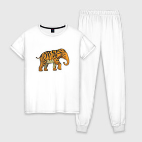 Женская пижама хлопок с принтом Тигровый слон в Петрозаводске, 100% хлопок | брюки и футболка прямого кроя, без карманов, на брюках мягкая резинка на поясе и по низу штанин | 2022 | animal | cat | elephant | lion | tiger | африка | год тигра | животные | зверь | зубы | кот | кошка | лев | охотник | полосатый | природа | слон | слоненок | тигр | тигренок | тигрица | хищник